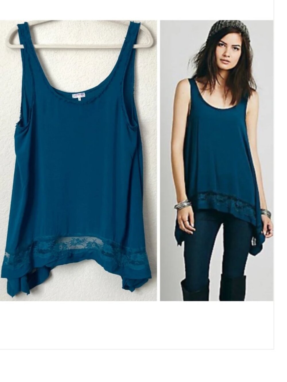 Free People Blue Lace Trim Sharkbite Hem Tank Top  Shirt ASO Elena TVD